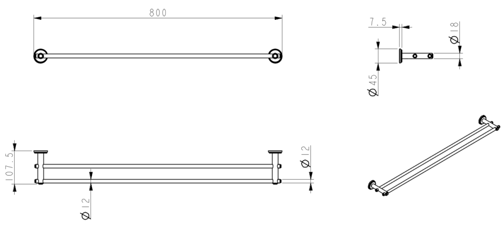 Mica Heritage Double Towel Rail 800mm – dimensions